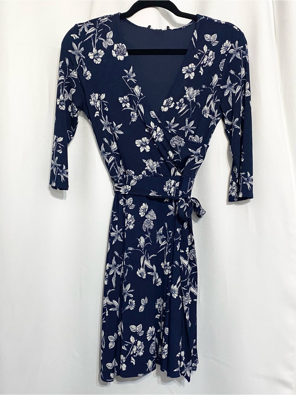 NWT 41 Hawthorn A-Line Dress Blue White Floral Design 3/4 Sleeve Petite XS
